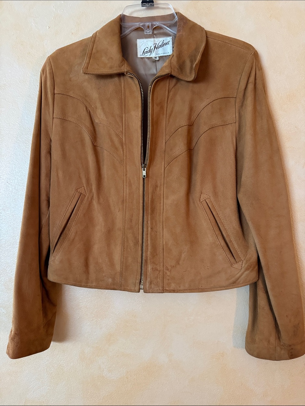 Women Suede Zip-Front Jacket - Camel Color. Size 14
